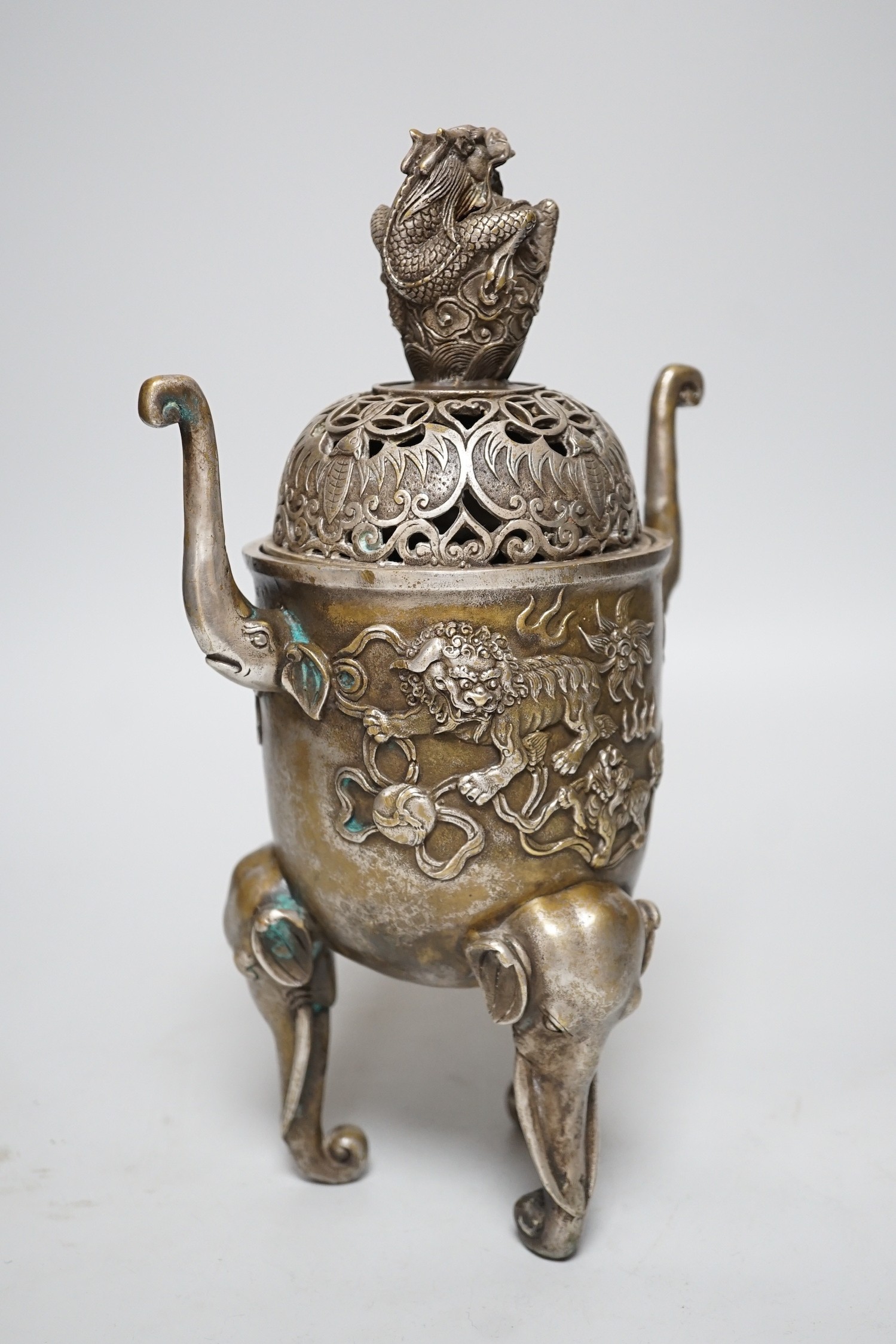 A Chinese silvered bronze censer and cover, 29cms high